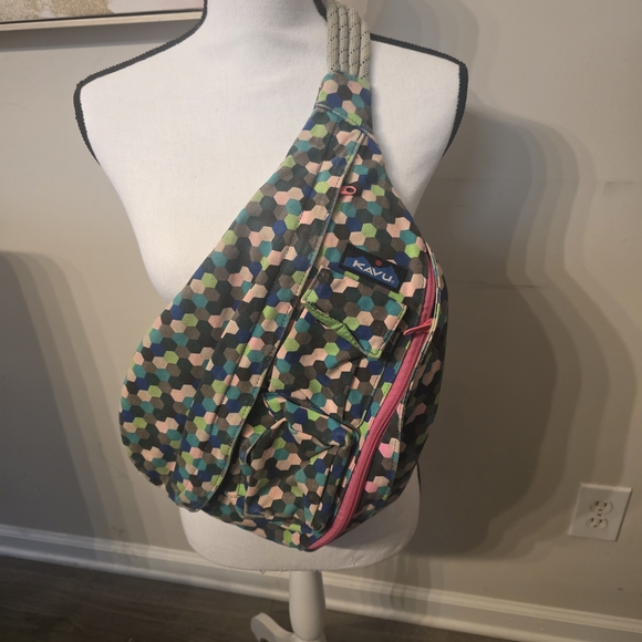 Kavu Handbags - Kavu Hex Pattern Sling Bag in Green, Blue, Tan & Pink